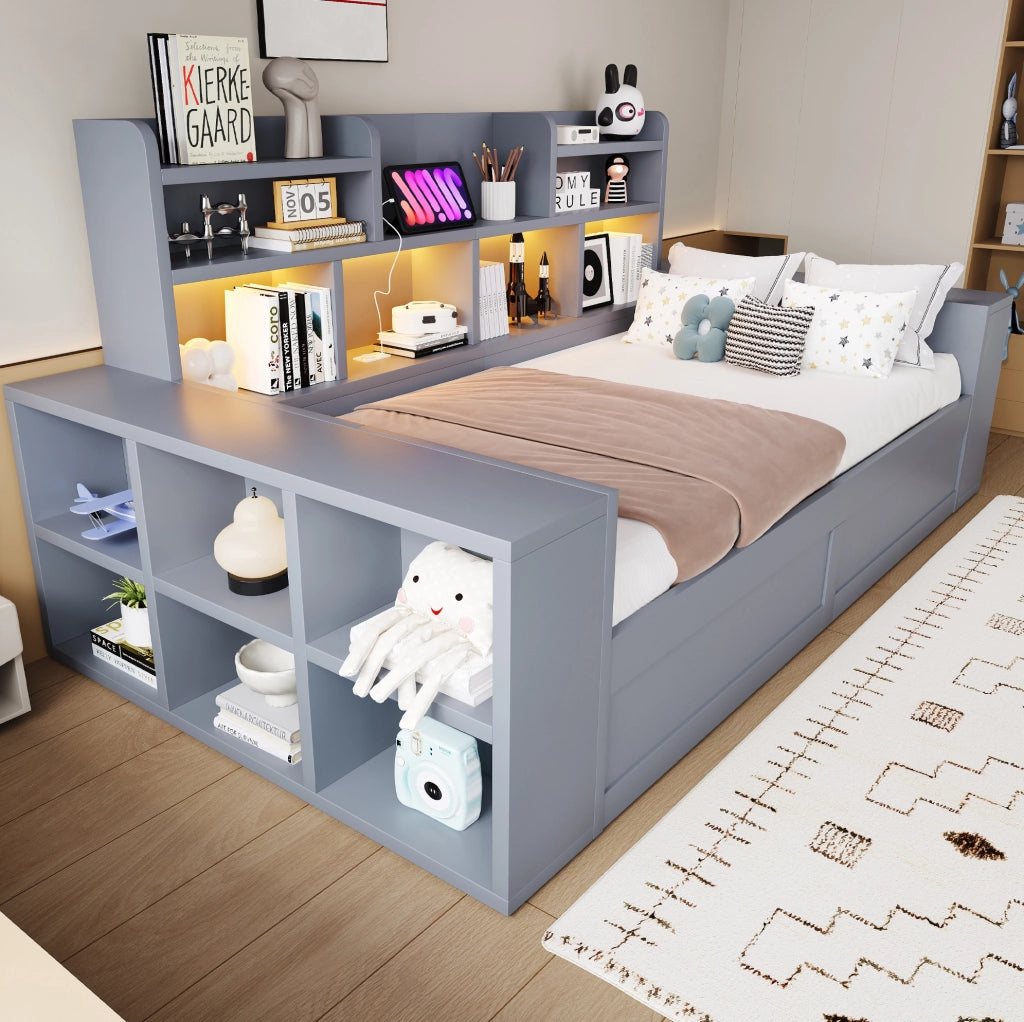 Divano letto 90x200 cm con contenitore idraulico, LED e prese in compensato e MDF grigio