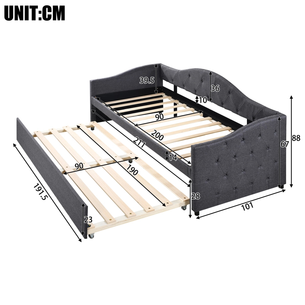 Letto singolo con letto estraibile 90 × 200 cm in lino e mdf grigio con rete a doghe e 12 listelli