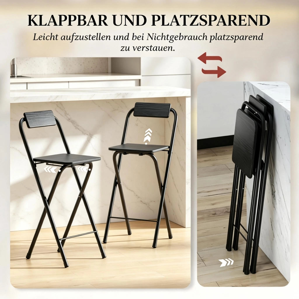 Sgabello da bar pieghevole 2 pezzi con schienale e poggiapiedi in acciaio e MDF nero per tavoli 89–99 cm
