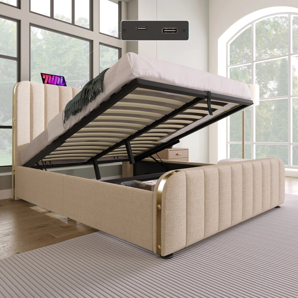 Letto contenitore 160 × 200 cm idraulico con testiera imbottita e porte USB Type-C in metallo e lino beige