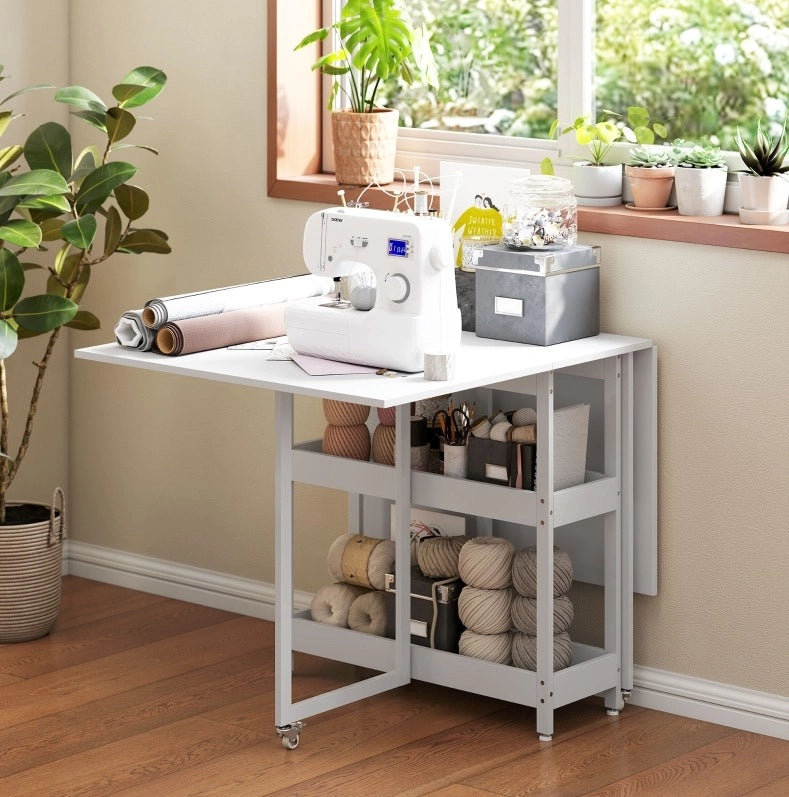 Tavolo da pranzo pieghevole bianco 133,4 x 80 x 75 cm con 2 ripiani aperti