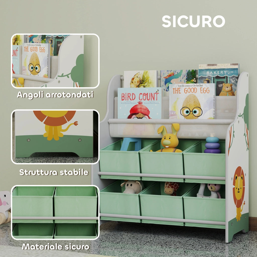 Scaffale Portagiochi per Bambini 63x30x71 cm con 6 Cassetti in Tessuto e Libreria a 2 Livelli in Legno e Acciaio Verde