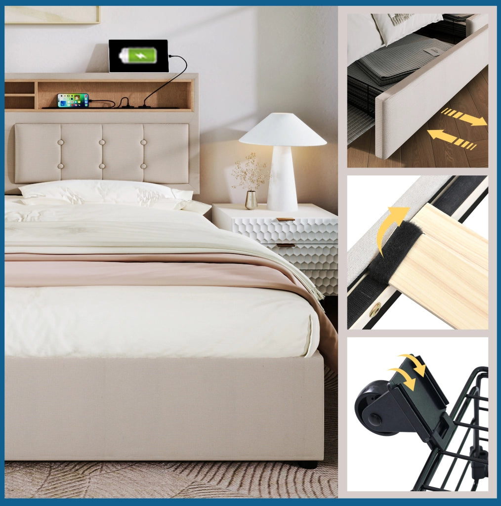 Letto imbottito beige 140 x 200 cm con 4 cassetti, prese USB e Tipo-C