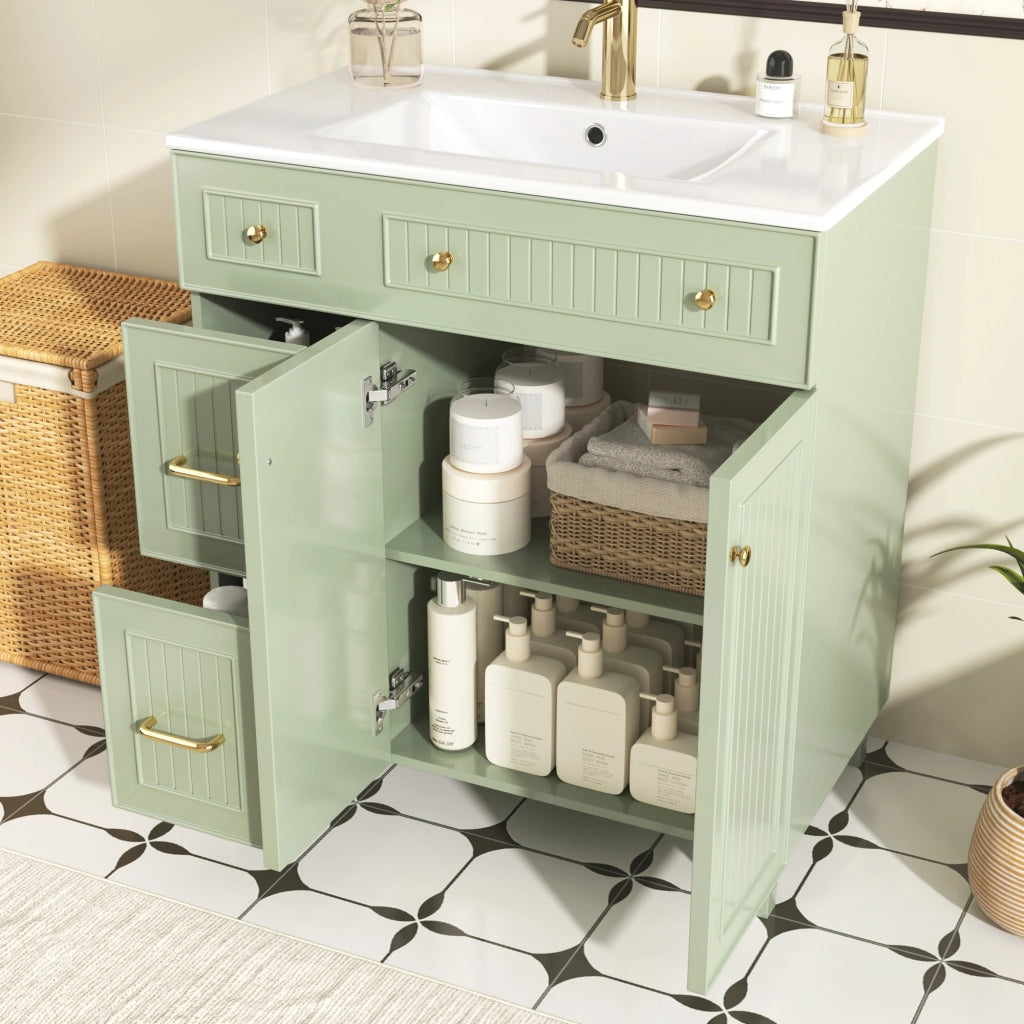 Mobile da bagno a terra con lavabo in ceramica cassetti e anta in MDF laccato verde piedi in legno di pino