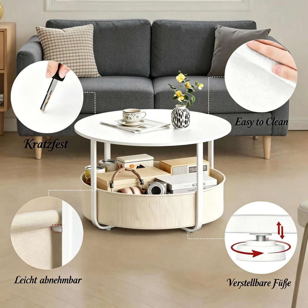 Tavolino basso fisso rotondo con cesto in tela rimovibile struttura in metallo beige e bianco Ø 80 × 50 cm