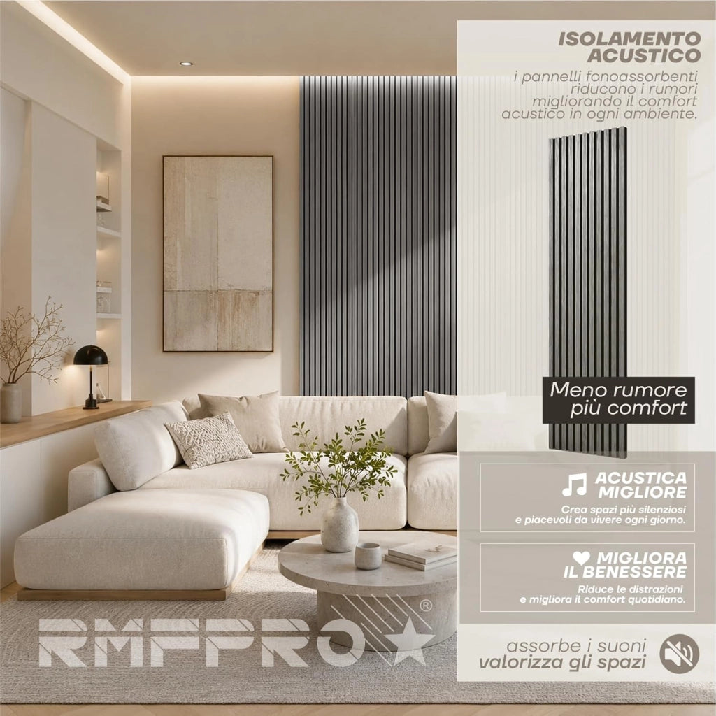 RMF PRO 1 Pannello Decorativo Parete Legno Fonoassorbente Rovere Grigio 240x60 cm (1,44 m²) – Singolo Rivestimento Acustico a Listelli MDF per Soggiorno, Studio e Ufficio