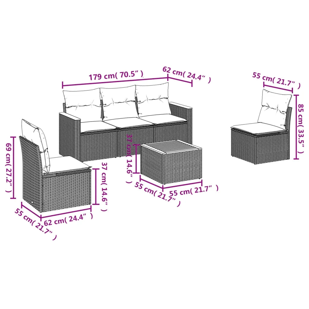 Set Divano da Giardino 6 pz | Set Salotto da Giardino con Cuscini Grigio in Polyrattan