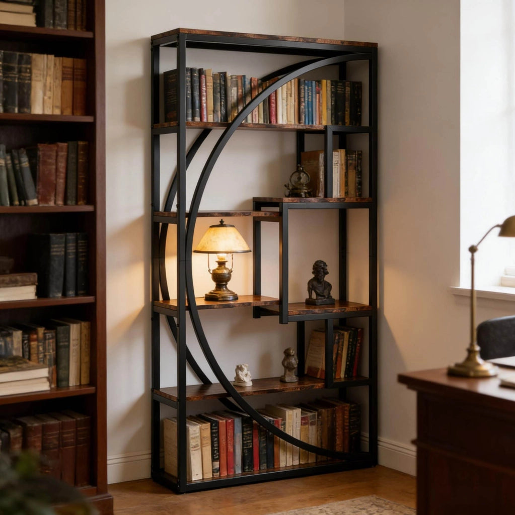 Libreria a 6 Ripiani con Design Geometrico Moderno in Metallo Nero e Legno, 80x35x179 cm