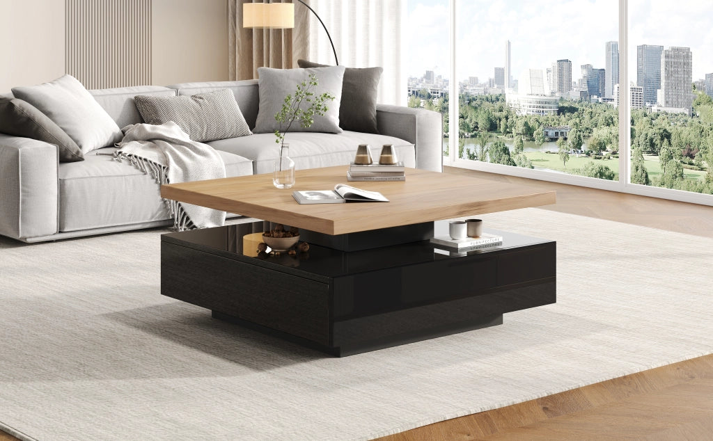 Tavolino da Salotto Quadrato con Piano Girevole a 360 Gradi Noce e Nero 70x70x36 cm