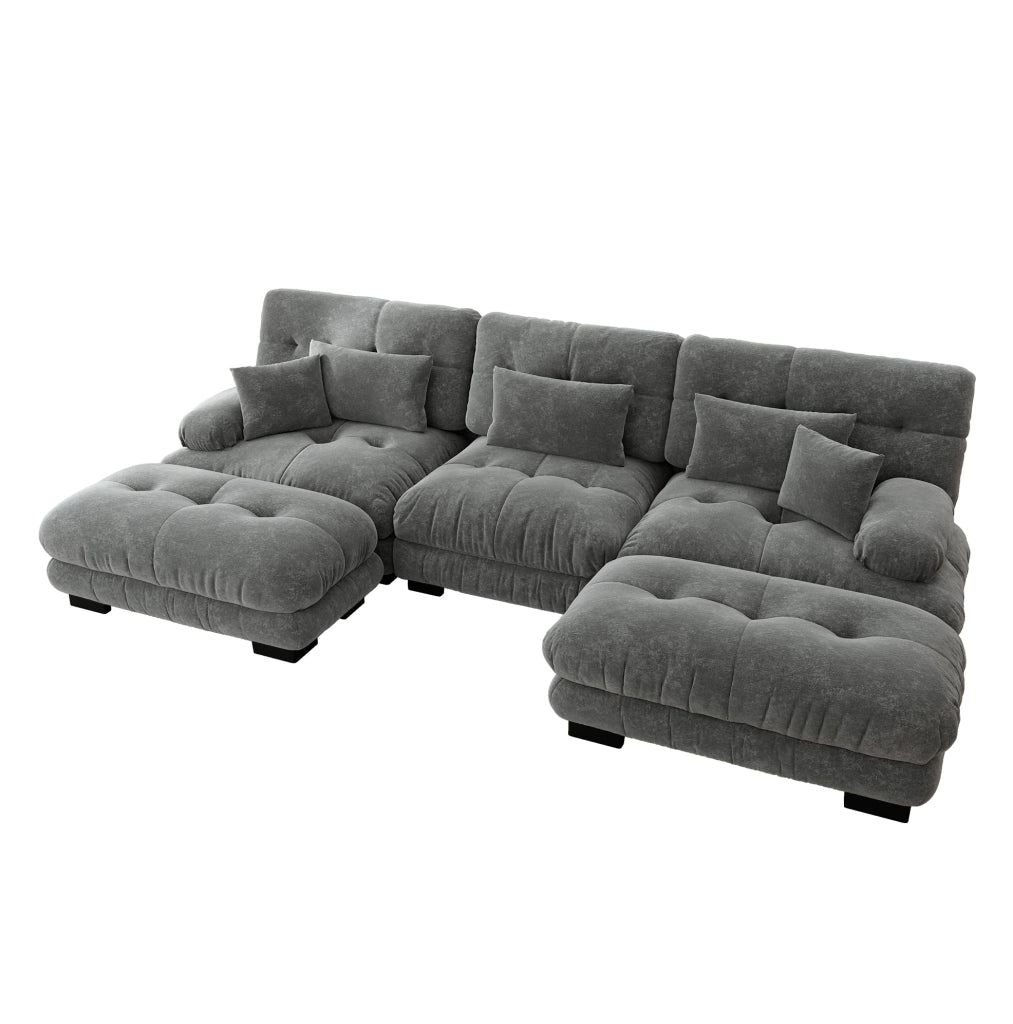 Divano modulare 313x145 cm con ottomane mobili e cuscini in ciniglia grigia