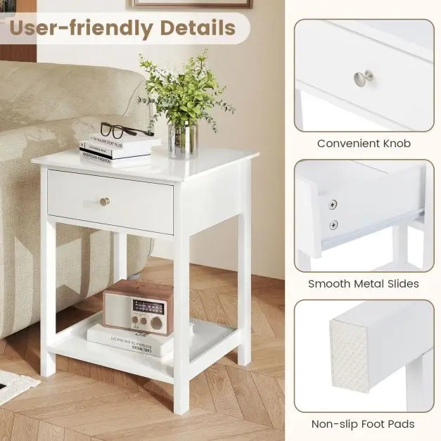 Wooden Bedside Table with Drawer Sofa Table with Open Shelf Mid-Century Style Multifunctional Side Table White