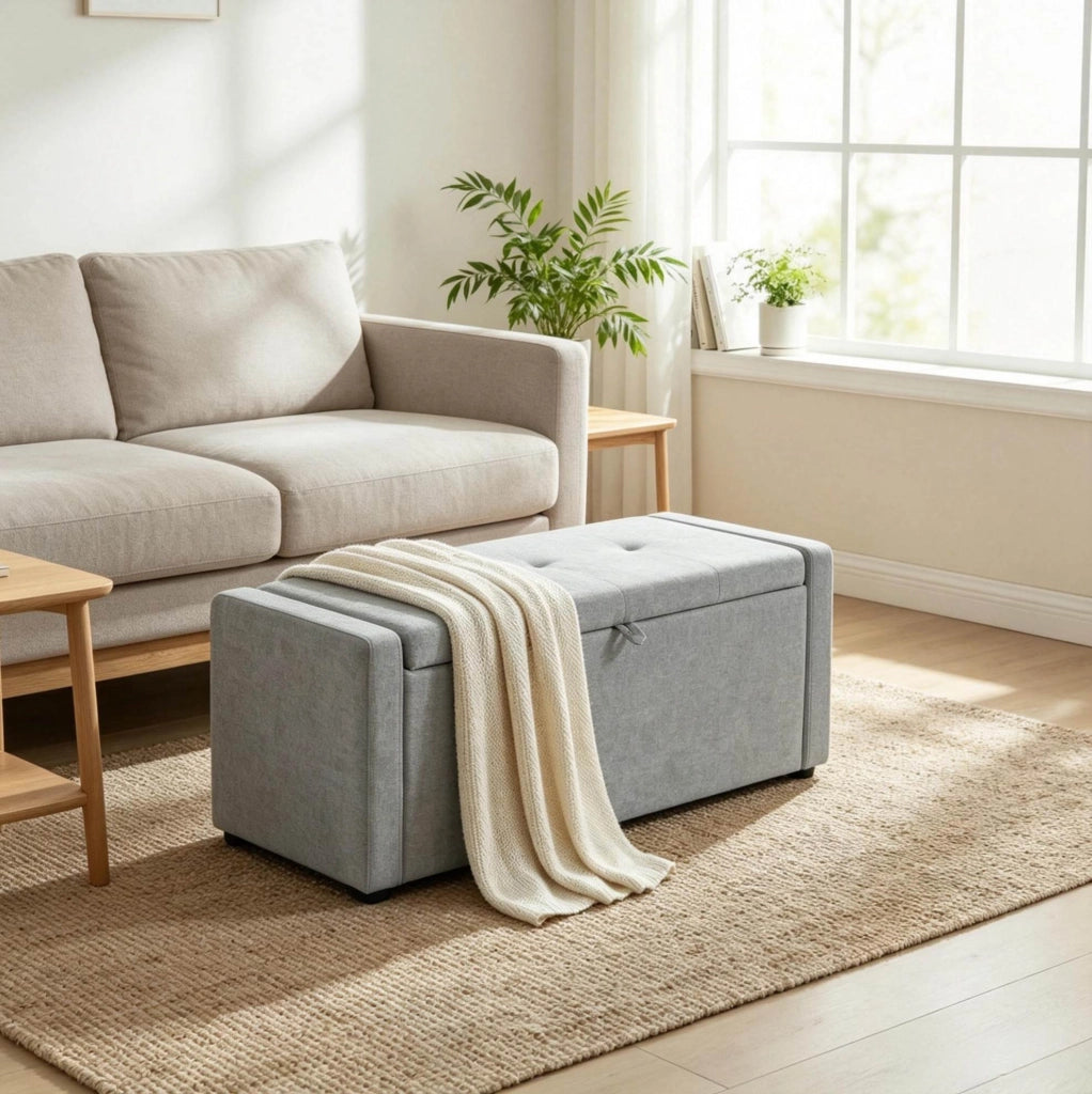 Panca contenitore moderna in lino grigio chiaro 122x48x44 cm per camera da letto