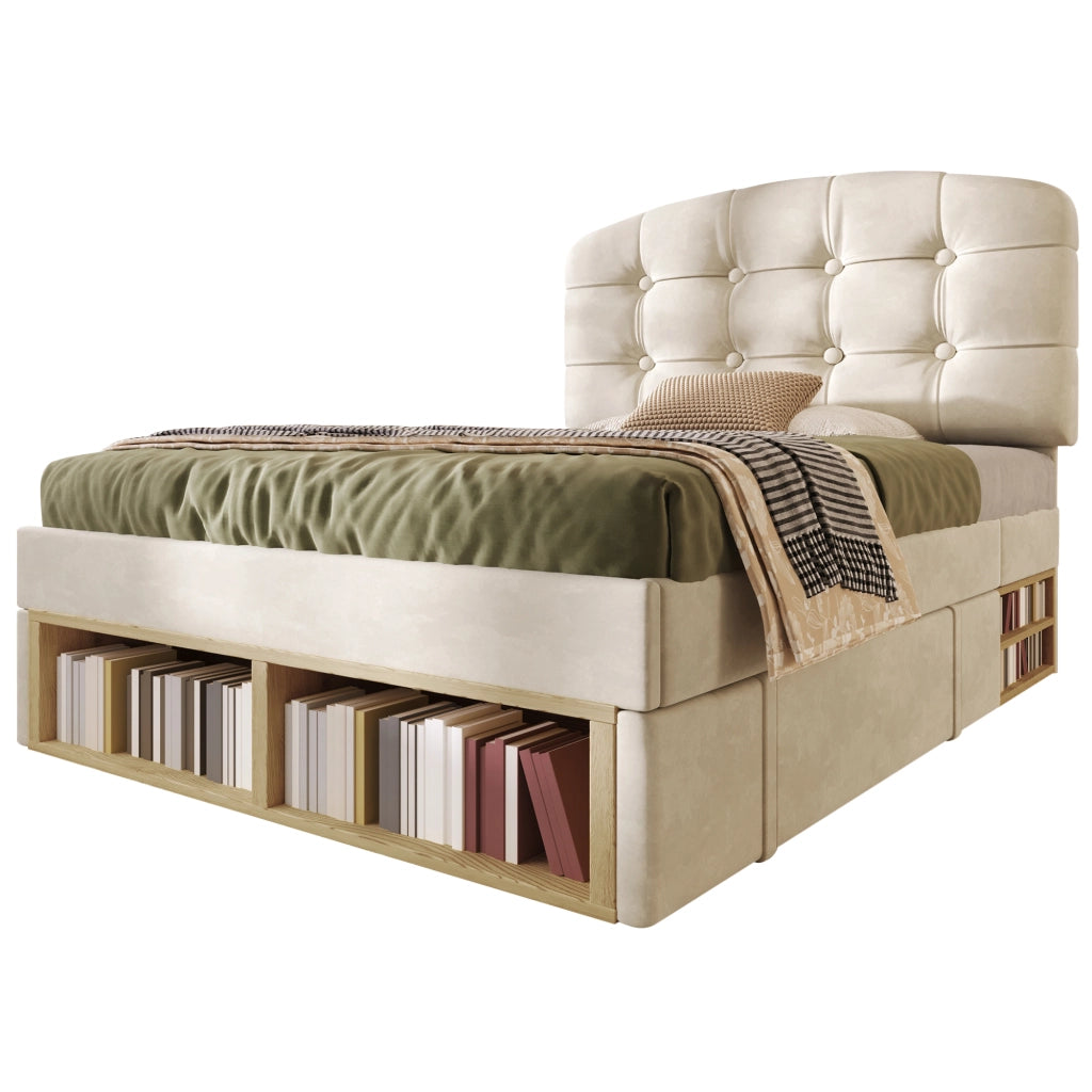 Letto singolo 90 × 200 cm con cassetti e vani portaoggetti; senza materasso; in velluto beige