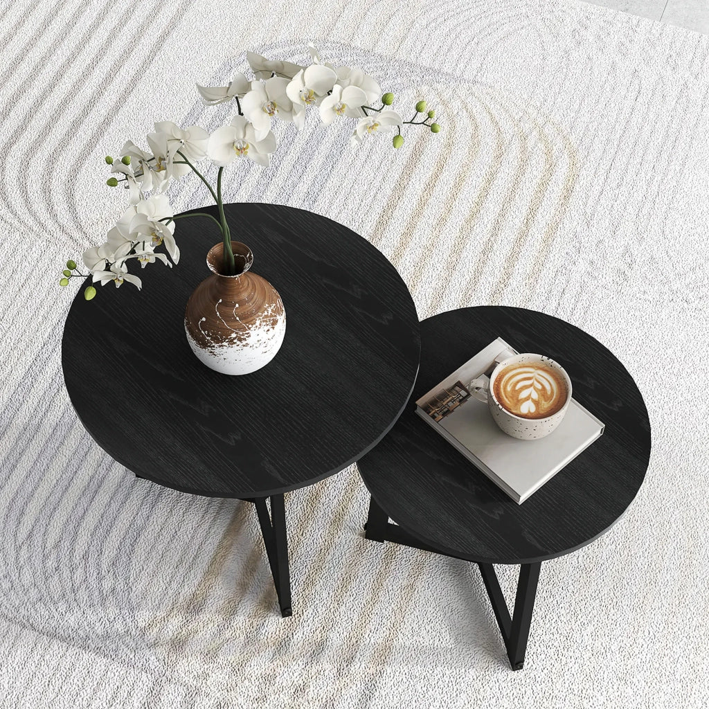 Set 2 Tavolini da Caffè Rotondi, Design Moderno, Struttura in Acciaio, Nero, Portata fino a 35 kg, per Soggiorno