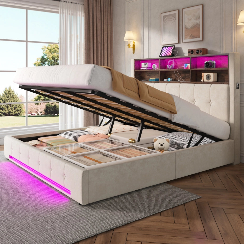 Letto imbottito 180 × 200 cm con contenitore idraulico testiera multifunzione USB-C LED velluto beige