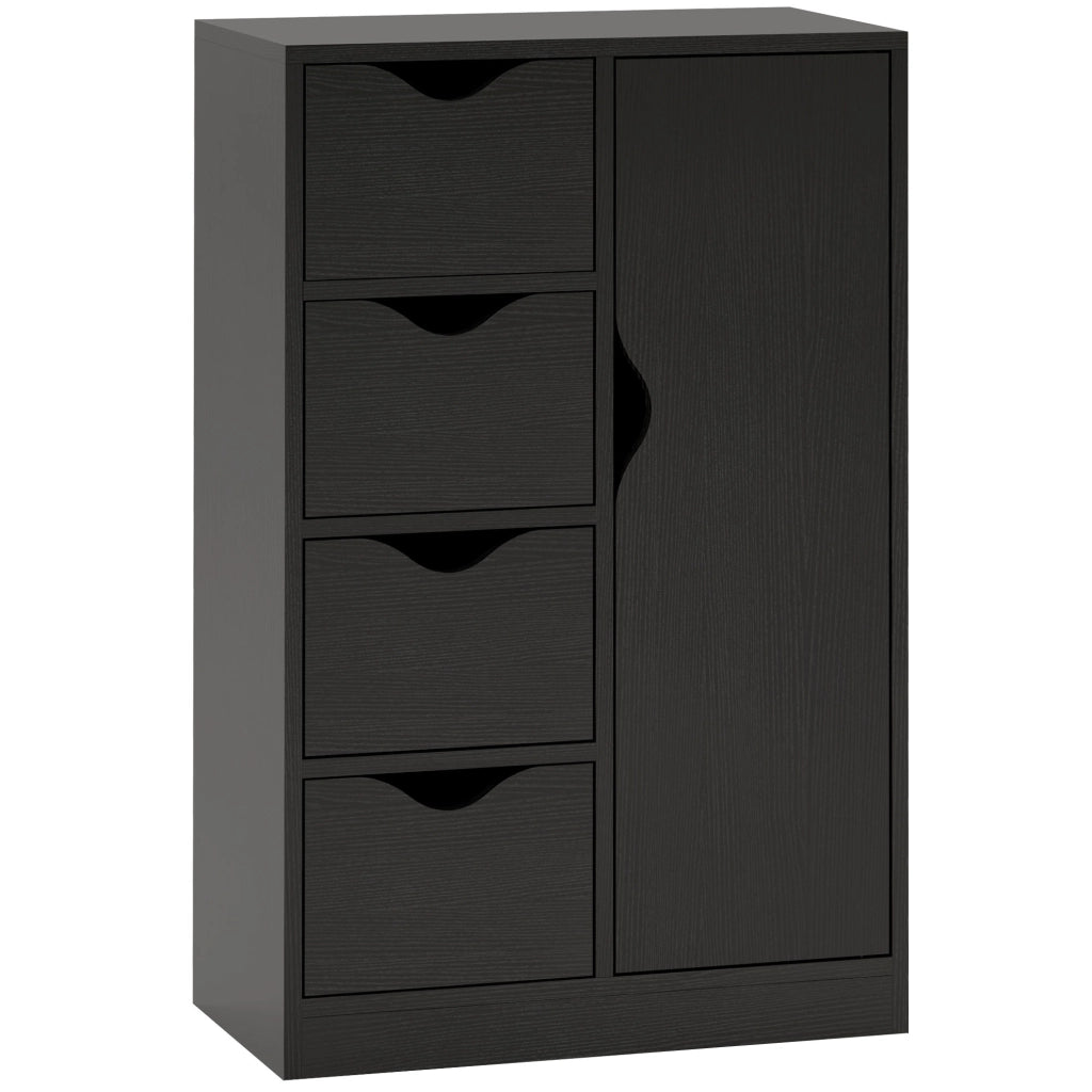 Credenza in legno con 1 anta e 4 cassetti, mobile contenitore nero salvaspazio per soggiorno e cucina, robusto