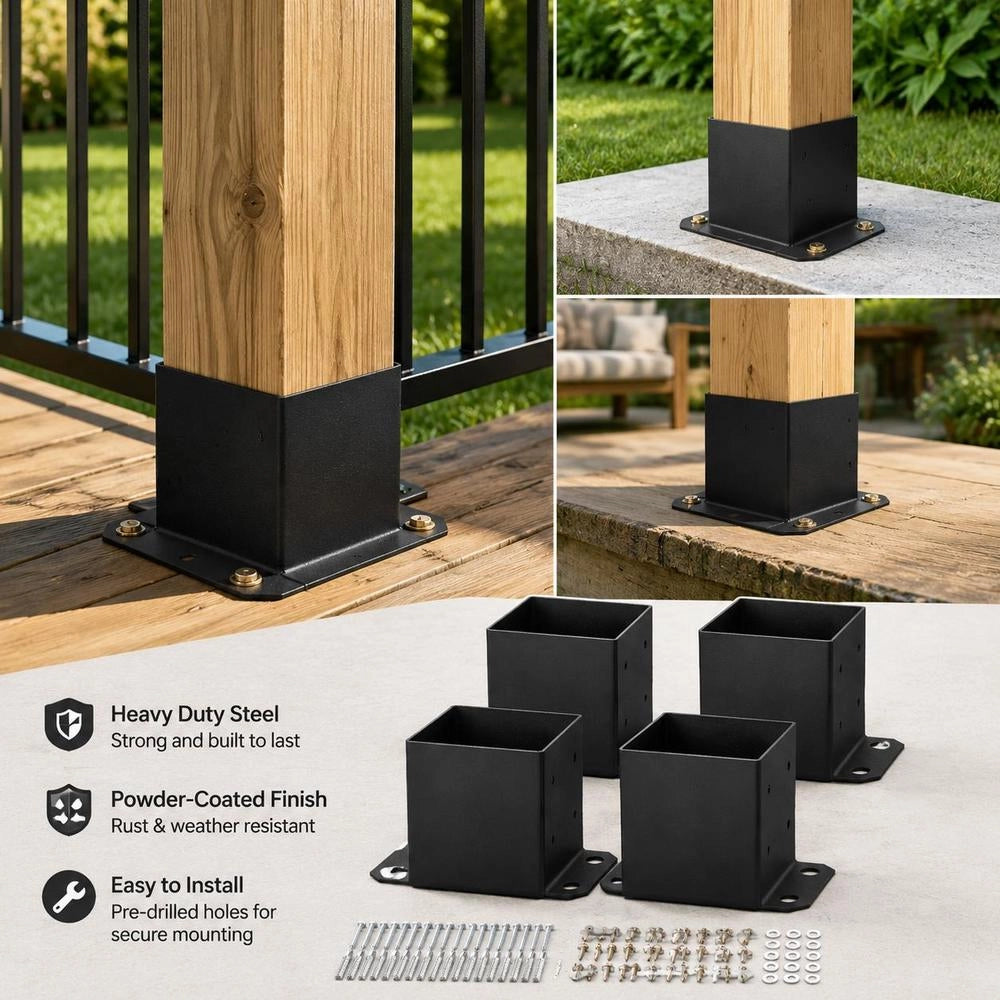Set Of 4 Screw-in Post Anchors, 214 X 146 X 140 Mm, Made Of Carbon Steel With Spray Coating. Suitable For Installation On Concrete Or Wooden Floors. Ideal For Pergolas And Veranda Railings.