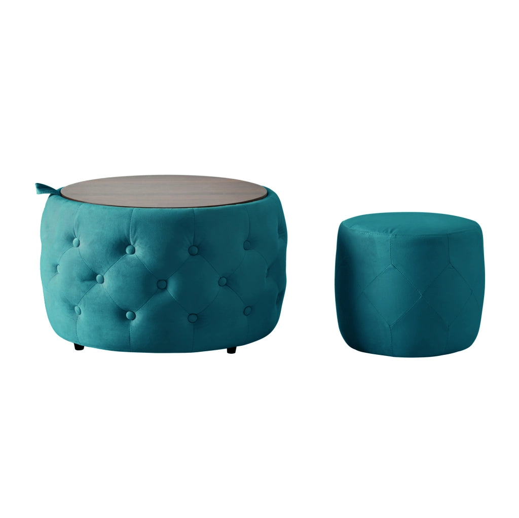 Set di 2 Pouf Nesting in Velluto Blu con Portaoggetti e Vassoio in Legno, Design Salvaspazio 4-in-1, Ø 58 cm