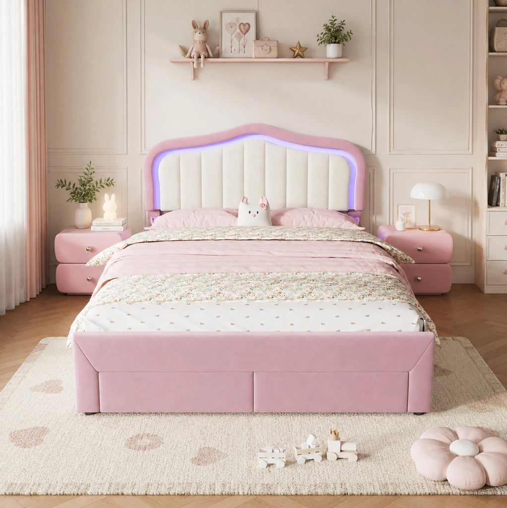Letto imbottito per bambini 140x200 cm in velluto rosa con 2 cassetti e LED controllati via app HOMVRA