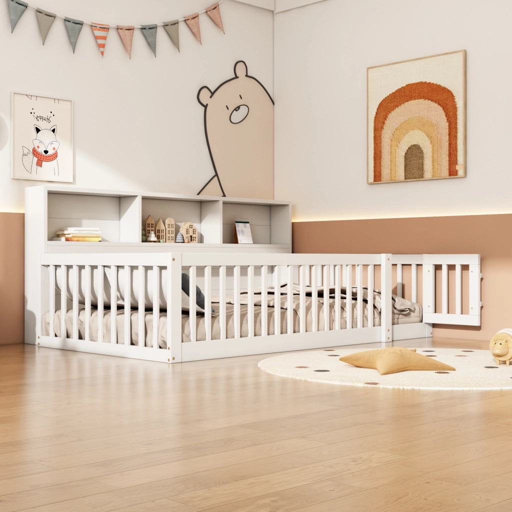 Letto da giorno 90 × 200 cm con rete a doghe in legno di pino e MDF bianco con sponde e ripiani laterali