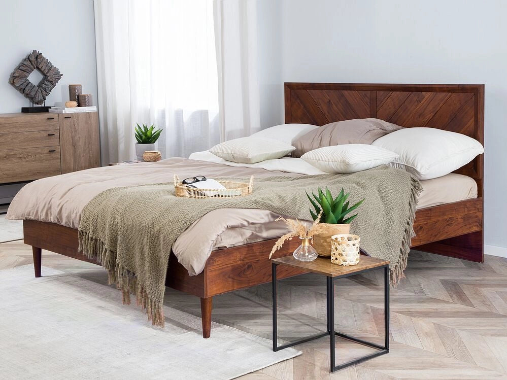 Letto matrimoniale 140 cm 6 con rete a doghe in legno scuro vintage testiera alta