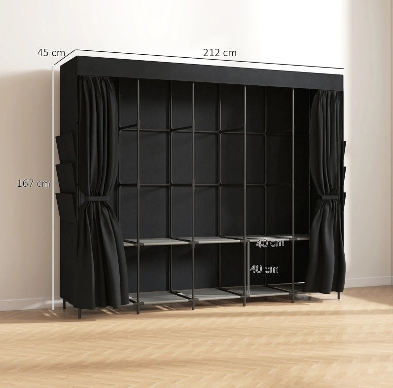 Armadio in tessuto nero con 5 bastoni appendiabiti e 5 ripiani, 212 x 45 x 167 cm, salvaspazio e portatile
