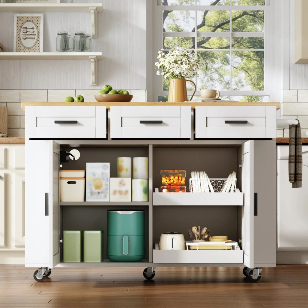 Credenza da cucina con 3 cassetti; 2 organizer e prese USB - per cucina - in MDF - 120×70×84 cm - bianco naturale