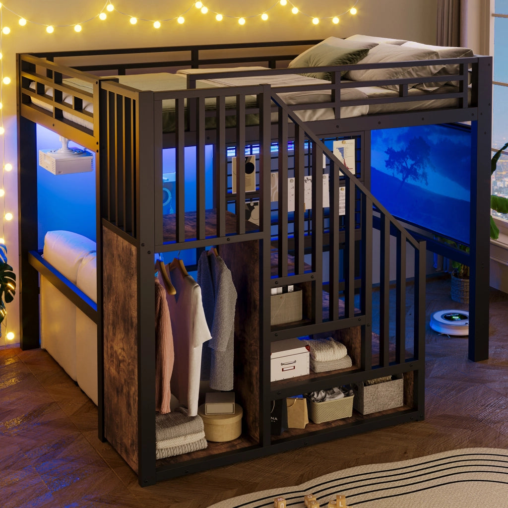 Letto a Soppalco 140x200 cm in MDF e Metallo con Guardaroba; Scala Contenitore; LED; Scaffali; Nero