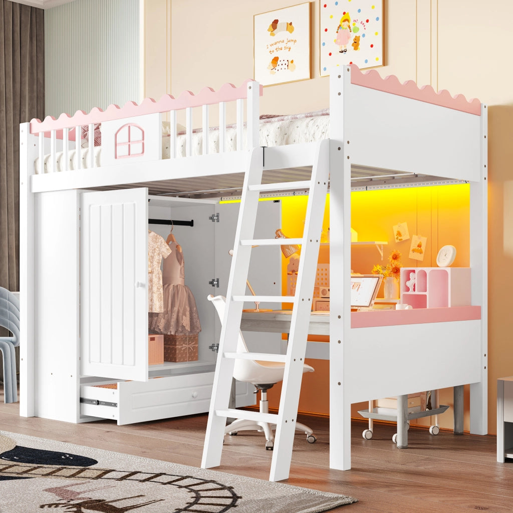 Letto a soppalco per bambini 90 × 200 cm con armadio, cassetto e illuminazione LED, senza materasso, bianco