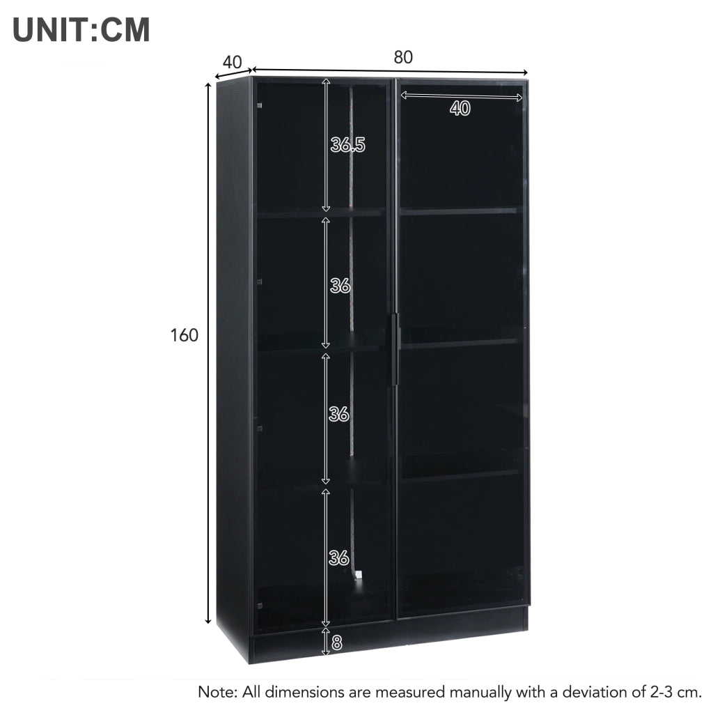Vetrina in truciolato con porte in vetro e illuminazione LED controllabile tramite app, 80x40x160 cm, mobile alto per soggiorno nero