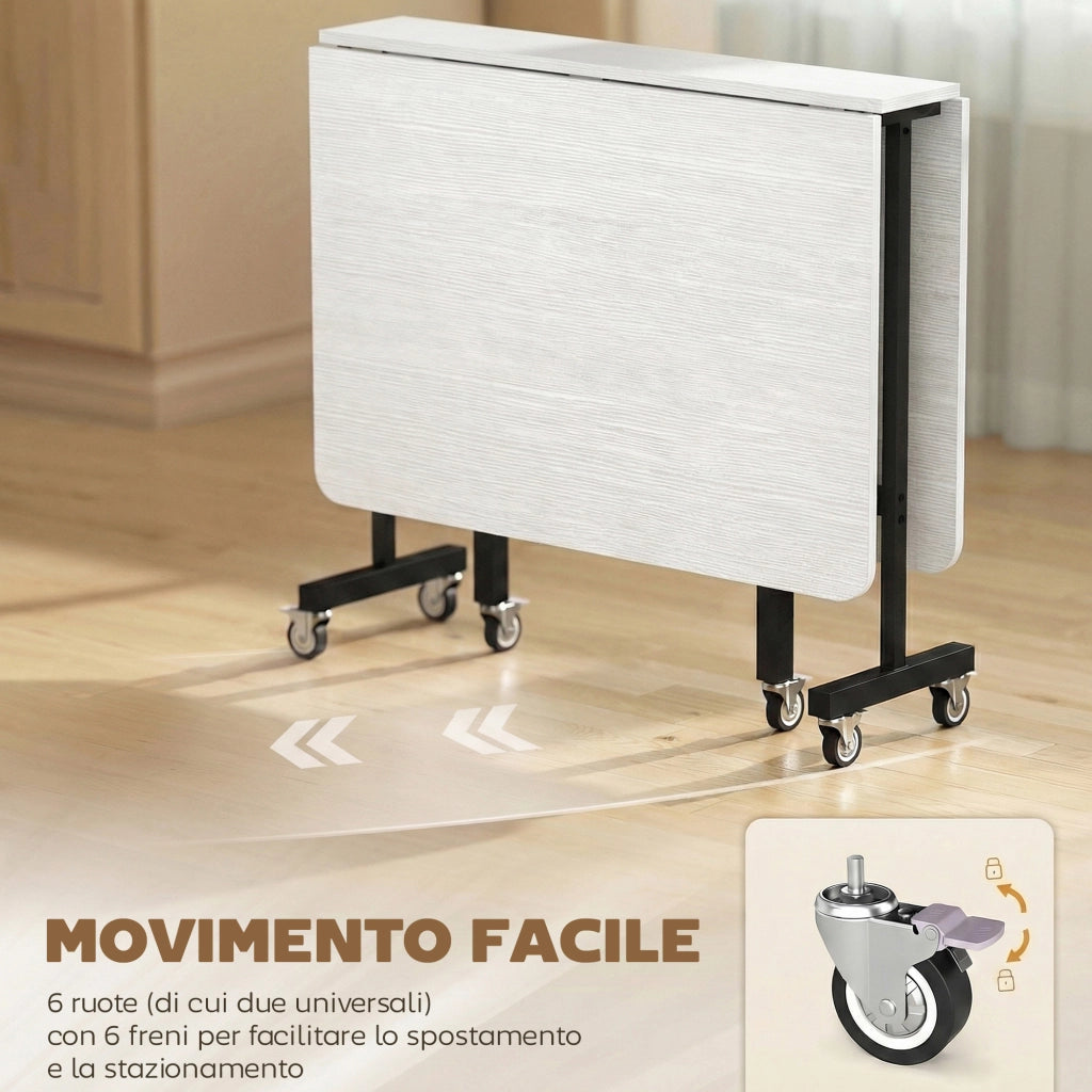 Tavolo Pieghevole per 4-6 Persone 120x80x73 cm con 2 Ribalte e Ruote con Freno Struttura in Acciaio Bianco Legno