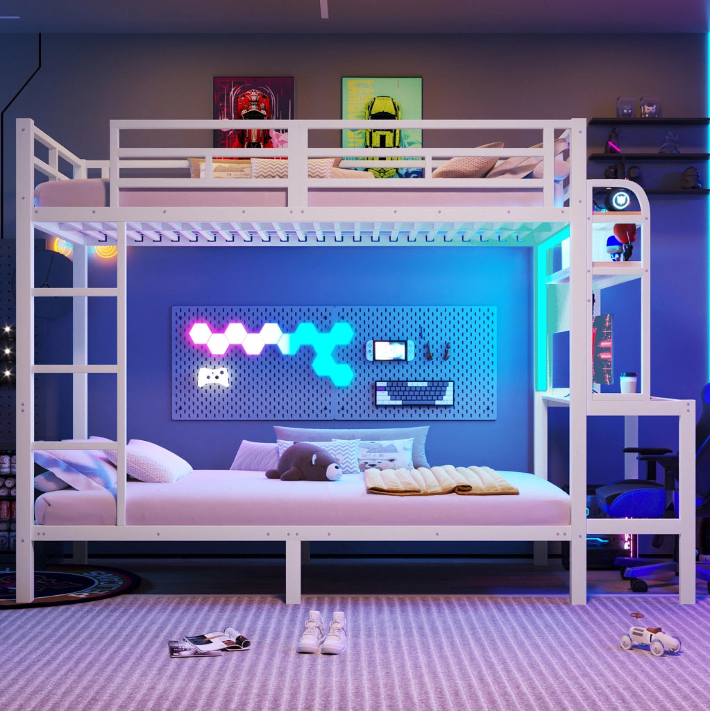 Letto a castello 90x200 cm con scrivania, LED e USB bianco