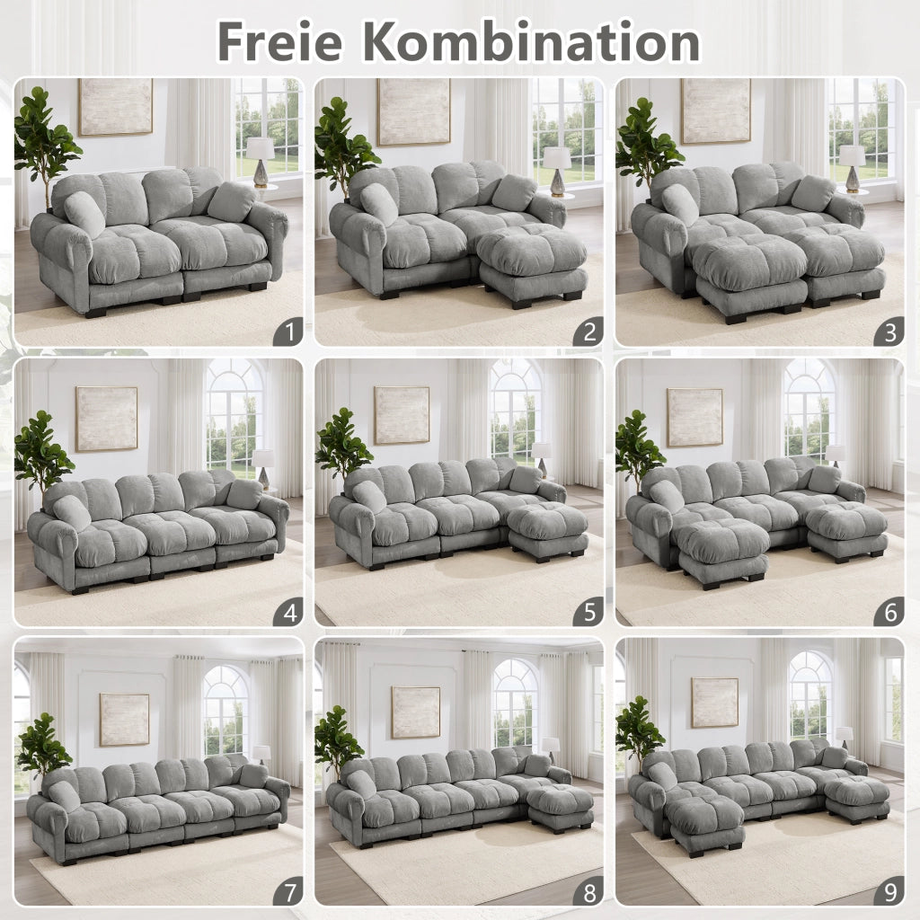 Divano modulare in ciniglia grigio chiaro con cuscini trapuntati e schienale curvo 190 × 86 × 90 cm