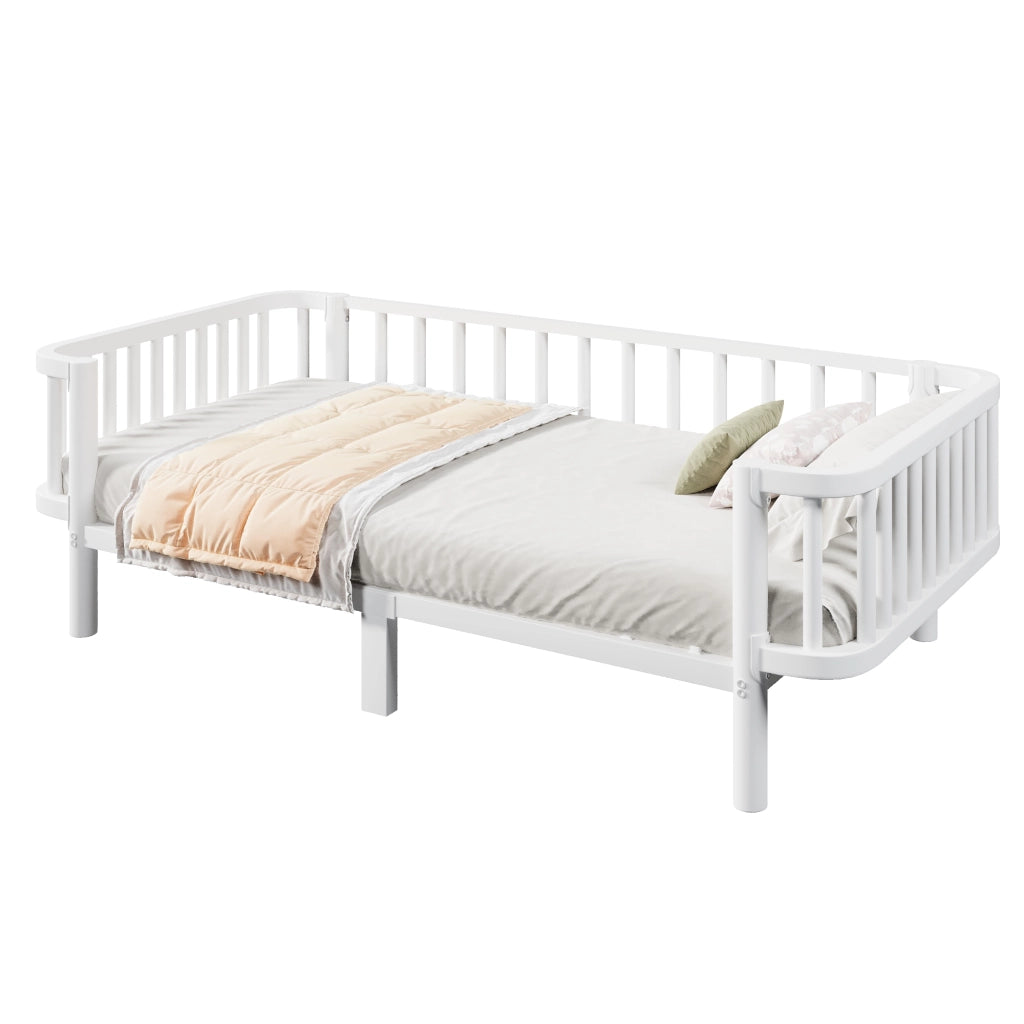 Letto singolo 90 × 200 cm in metallo bianco con rete a doghe in acciaio; utilizzabile anche come divano