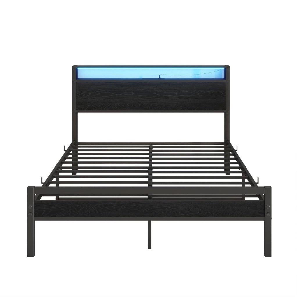 Letto 140x200 cm con testiera a 2 vani, USB e presa in MDF e metallo nero