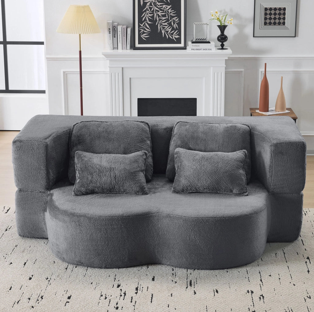 Divano letto moderno blu-grigio in flanella con schiuma ad alta densità e 4 cuscini, senza montaggio, per soggiorno e camera degli ospiti