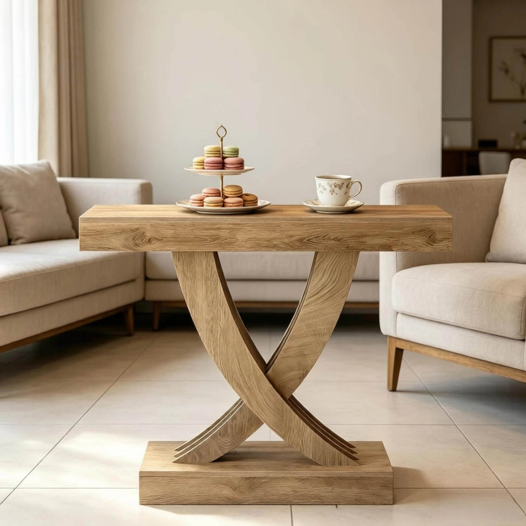 Tavolo consolle in MDF marrone con base a X; larghezza 110 cm