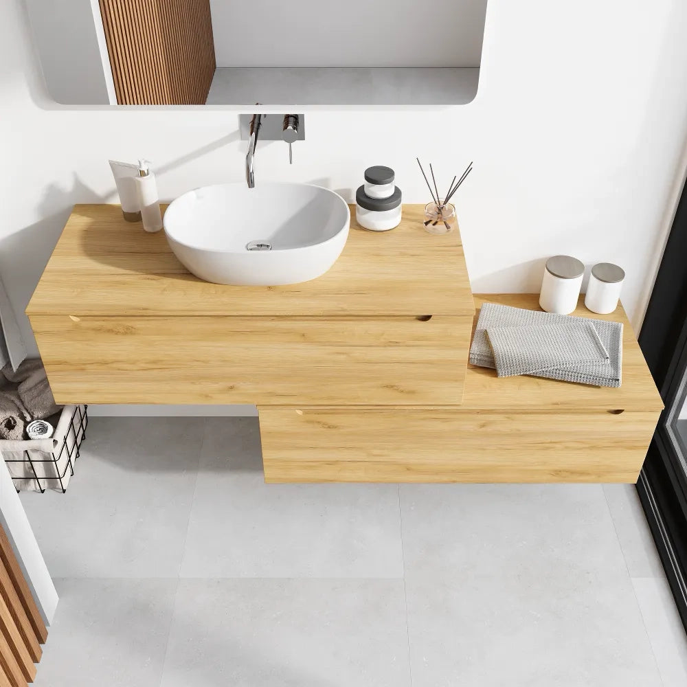 Mobile bagno sospeso modulare 100 cm rovere chiaro due cassetti con top | Bako