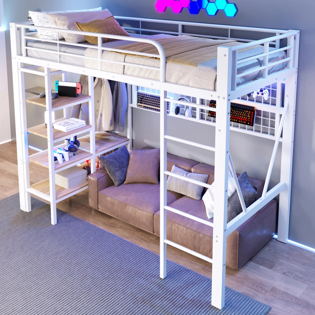 Letto a soppalco - Zephmum- 90x200 cm - Bianco - Telaio in ferro, ripiano, rete appendiabiti, spazio aperto, striscia LED