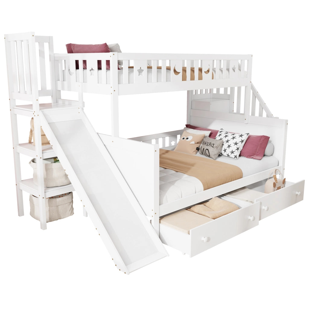 Letto a castello per bambini con scivolo, in legno bianco, con scala, 2 cassetti e rete a doghe, 90 x 200 / 140 x 200 cm