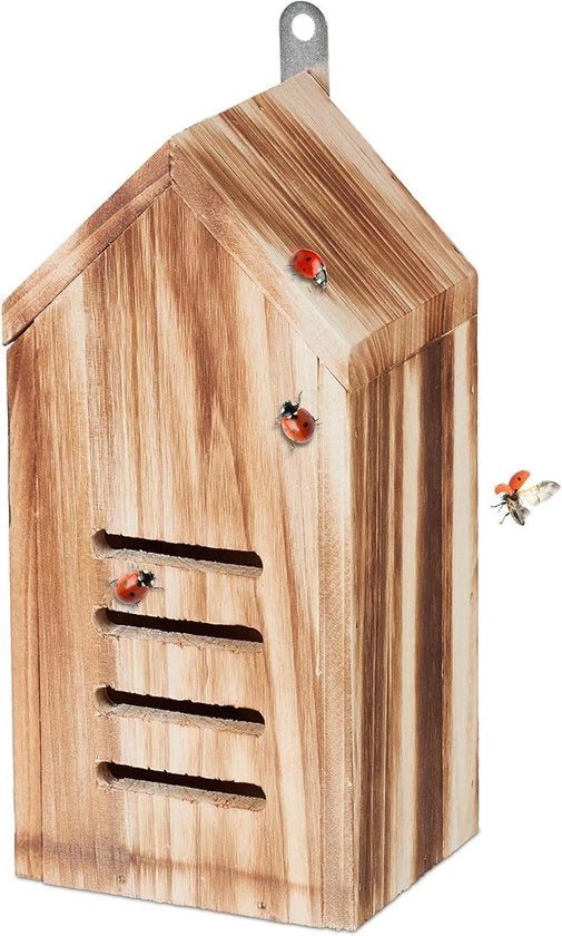 Cassa di nidificazione per insetti in legno marrone per coccinelle con appendiporta per balcone giardino