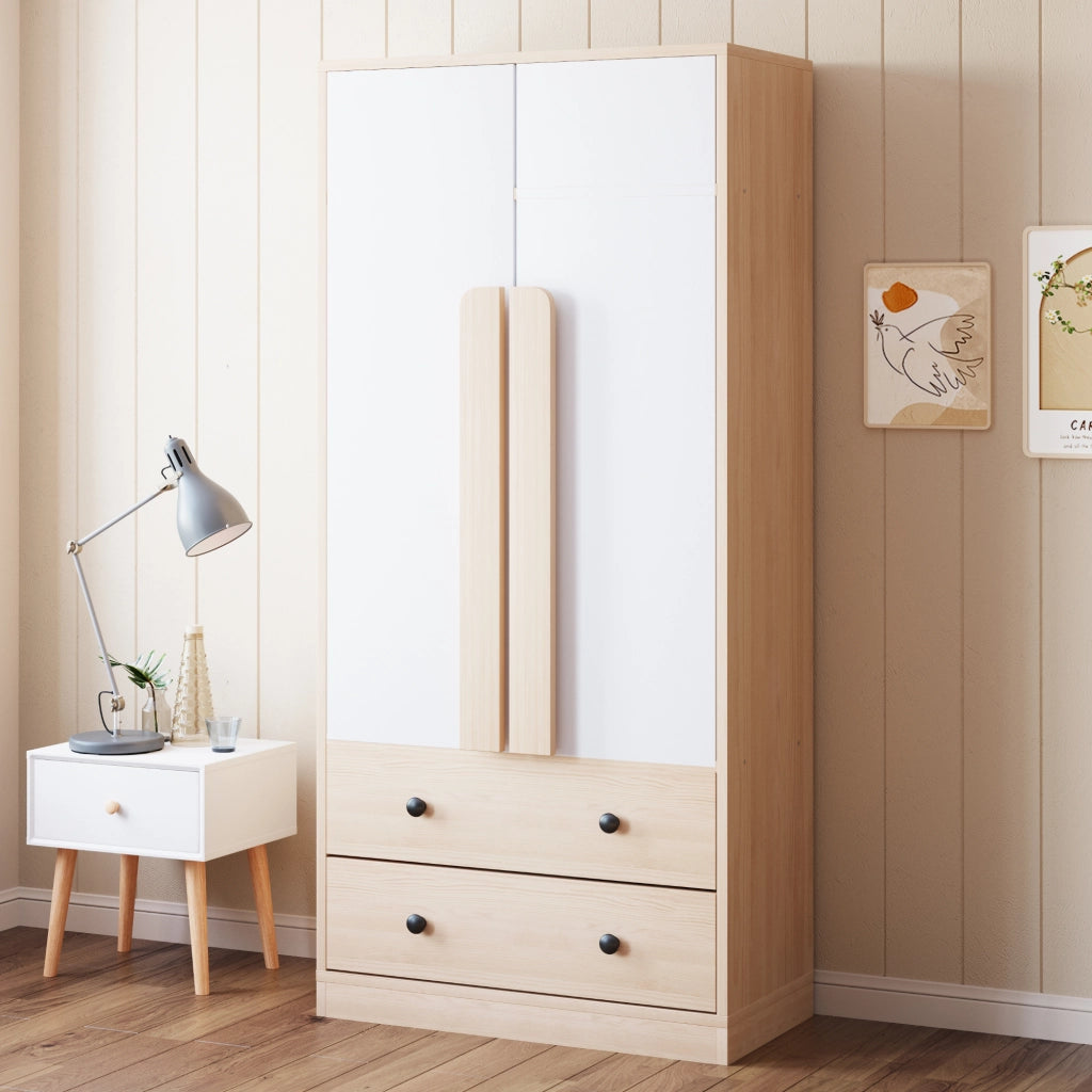 Armadio guardaroba 70x40x170 cm con 2 ante; 2 cassetti e barra appendiabiti; bianco e naturale