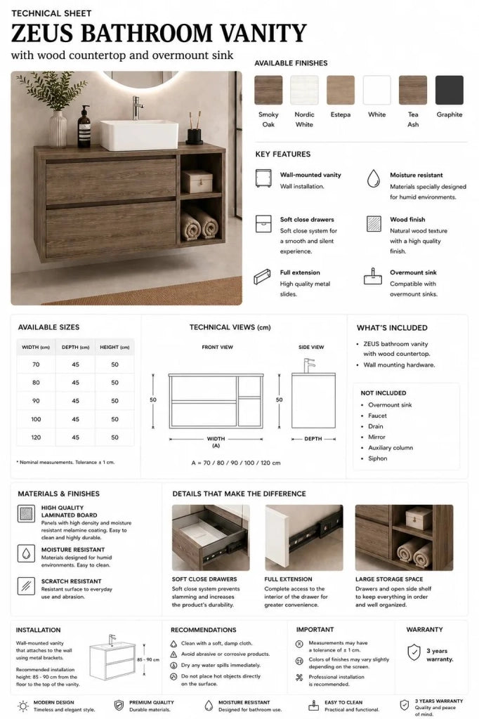 Mobile bagno con top in legno e lavabo da appoggio ORIGENBATH ZEUS senza specchio 80x45 cm Destra frassino tea con colonna