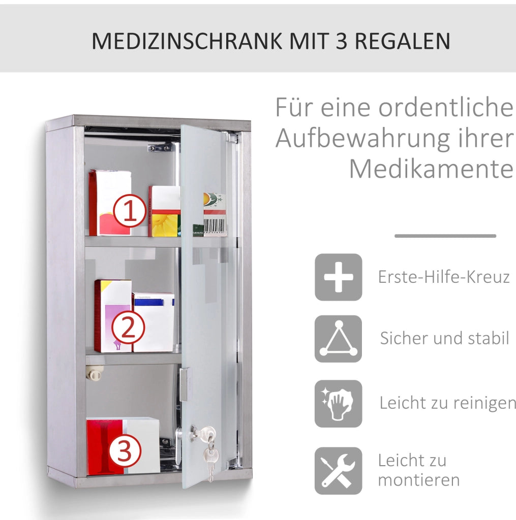 Armadio porta medicinali in acciaio inox con 3 ripiani, chiudibile a chiave, 25x12x48 cm, per uso domestico