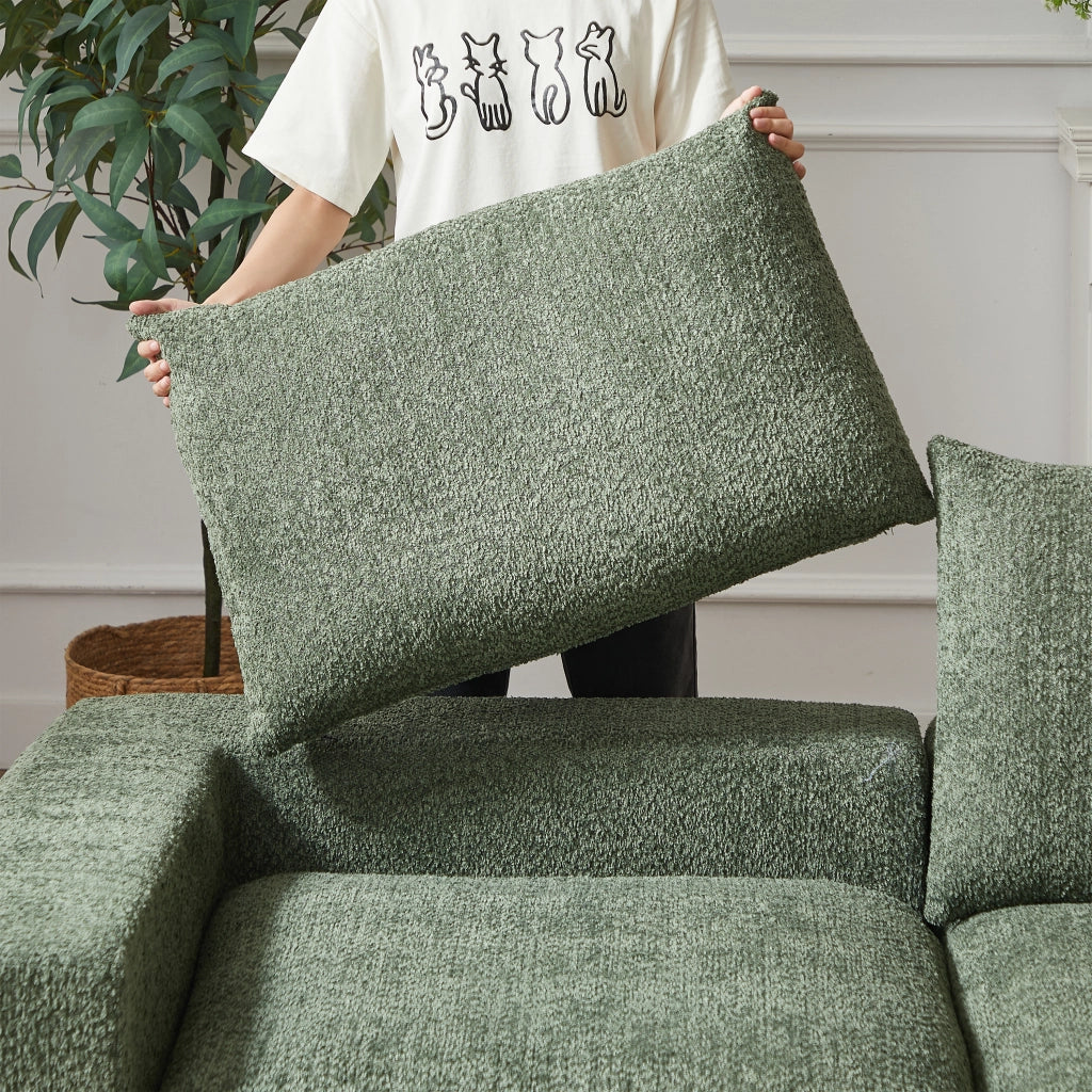 Divano angolare modulare con chaise longue reversibile e cuscini di sostegno in ciniglia verde 251 × 160 × 81 cm