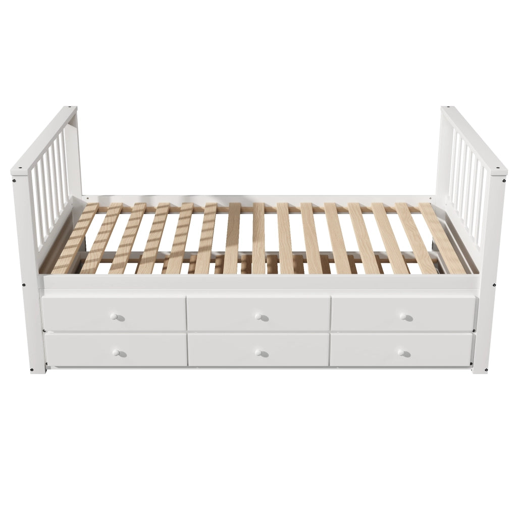 Letto singolo 90x200 con letto estraibile; ripiani LED dimmerabile e USB; pino e MDF bianco