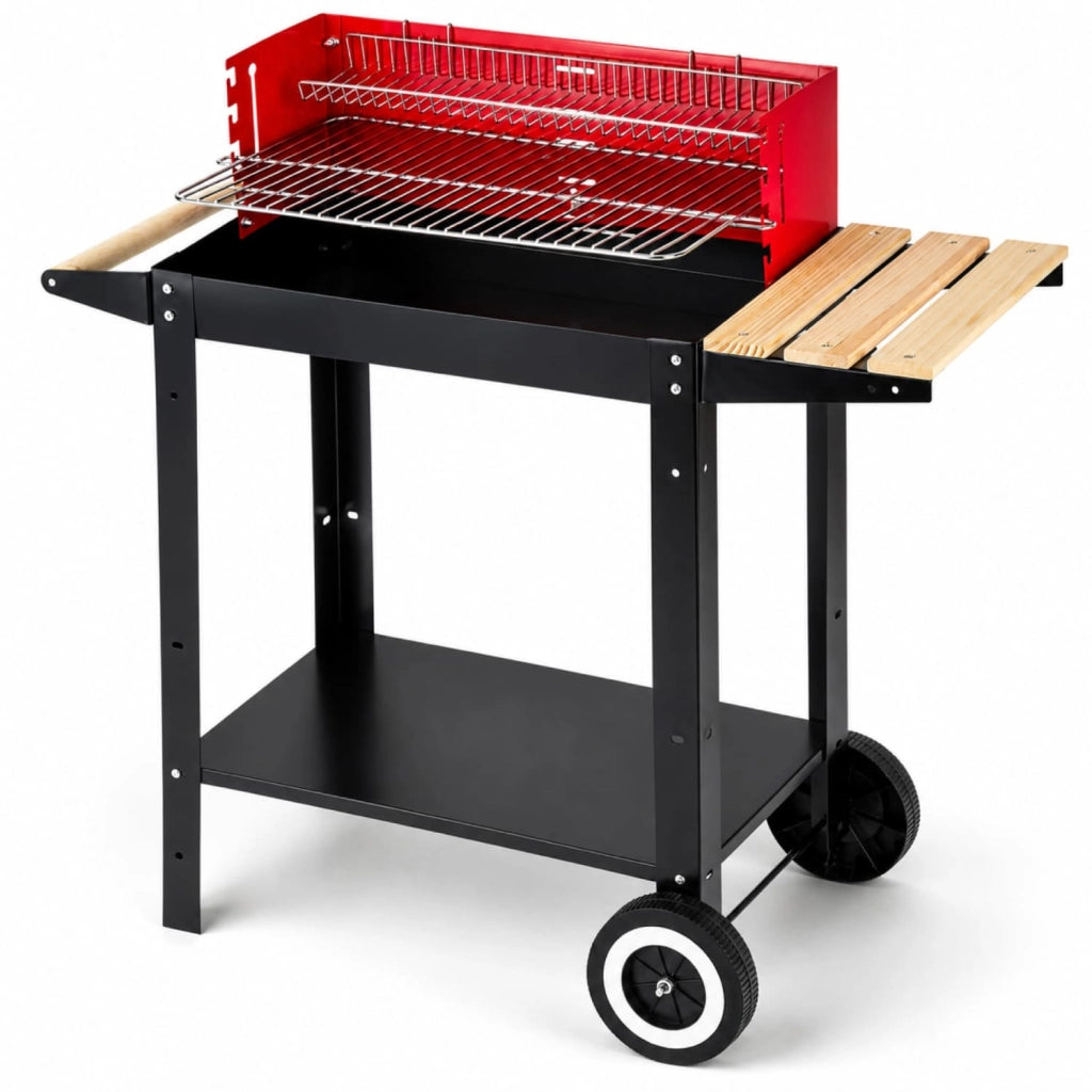 Barbecue Con Griglia Regolabile Accessori Inclusi Ripiano Laterale Mensola Inferiore Ruote Integrate E Griglia Scaldavivande 86 x 40.5 x 81 Cm Nero