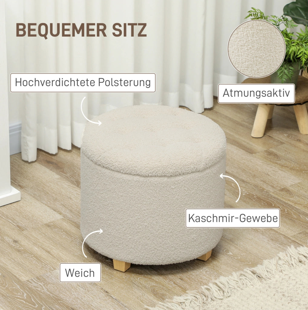 Panca rotonda con contenitore e rivestimento in tessuto color crema, Ø45 x 41 cm, struttura in legno di pino