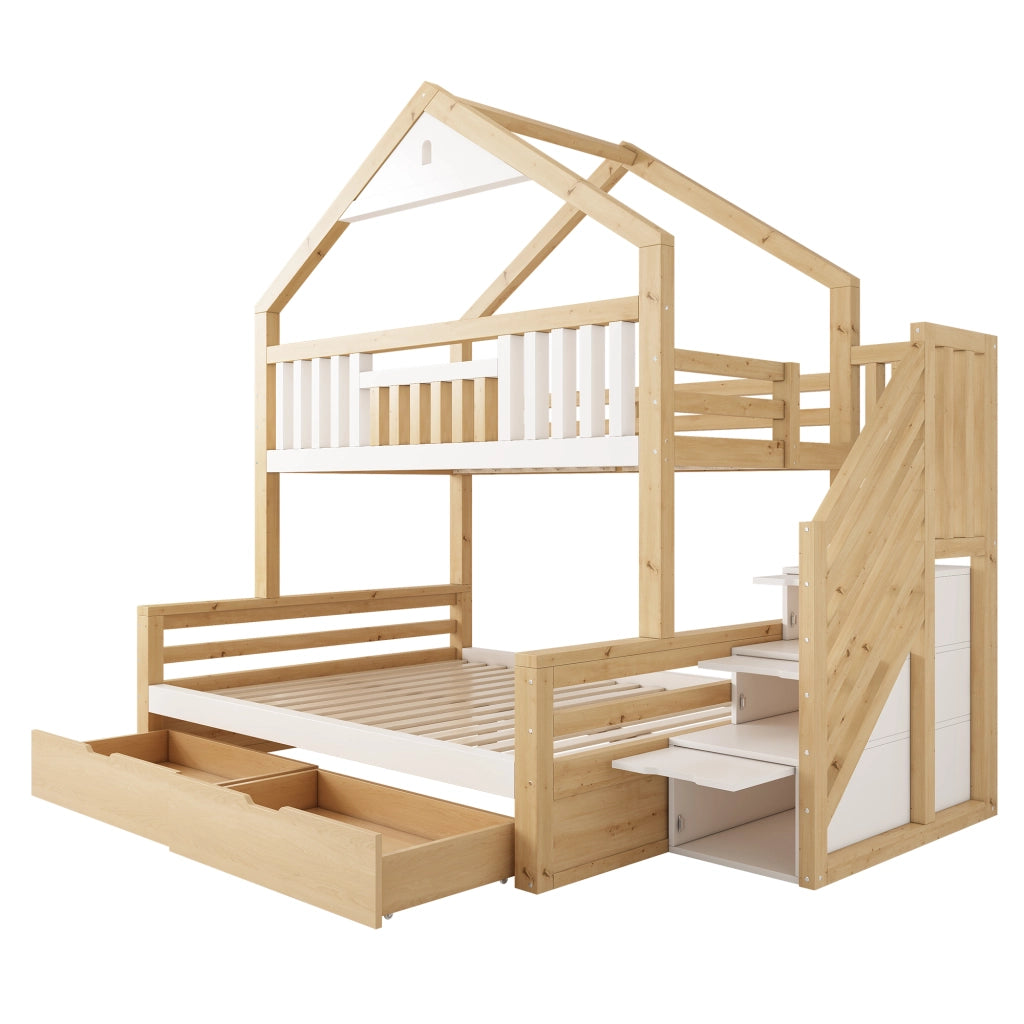 Letto a castello a casetta 90x200 e 140x200 cm in legno bianco e rovere