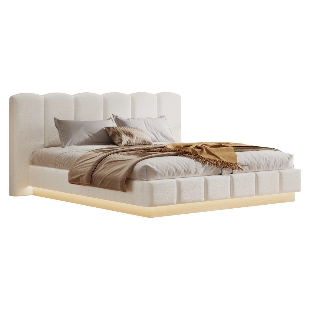 Letto contenitore 180x200 cm; matrimoniale con contenitore idraulico; rete a doghe; testiera; LED; bouclé; bianco